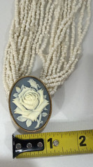 Vintage Victorian Avon White Rose Blue Cameo Choker Ivory Seed Beads Necklace