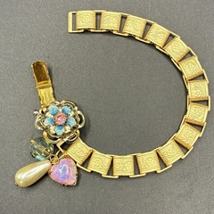 Vintage Faux Opal Heart,AB Bead & Pearl Charms,New Victorian Book Chain Bracelet