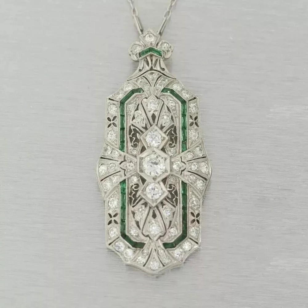 Art Deco Style Lab Created Diamond & Emerald Wedding 14k White Gold FN Pendant
