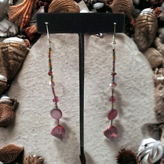 Pink Shell Beaded Dangle Earrings Boho Coastal Beach Mermaidcore Statement
