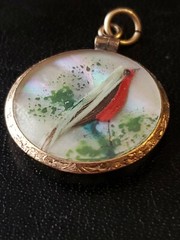 Victorian Era Double Sided Bird Feather on MOP Scene Pendant Gold Filled Frame