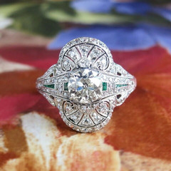 Art Deco Round Lab Created Diamond & Emerald Wedding 14K White Gold Plated Ring