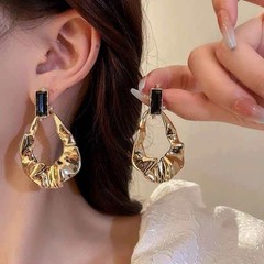 Gold Black Crystal Statement Earrings S925 Post Textured Teardrop Drop Earrings