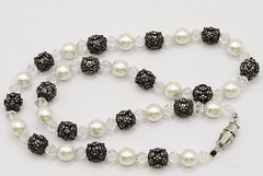 Artisan Made Faux Pearl Crystal Ornate Metal Bead Vintage Necklace 16 Inch