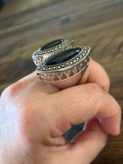Marcasite Sterlling Silver Chunky Double Black Stone Ring, Size 9