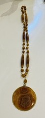 Carved 32” Agate Aztec Mayan Calendar Pendant Art Stoned Necklace 70s