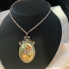 Large Beautiful Vintage LIMOGES FRANCE Cameo Necklace Courting Couple Porcelain