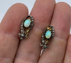 Art Deco Opal Rose Cut Diamond Earrings 14 Karat Gold Antique