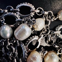 Vintage Baroque Pearl Opera Length Necklace Silver Tone Station Chain 45 in 50g