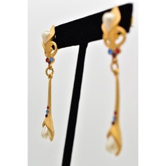 Vintage Pearl Crystal Dangle Earrings Drop Brushed Gold Matte NOS 1980s BinBK
