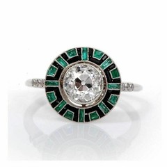 Art Deco Style Round Lab Created Diamond & Emerald Engagement 925 Silver Ring
