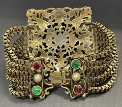 Vintage Hollycraft Box Chain Bracelet Gold Tone Multicolor Glass Pearl Stones