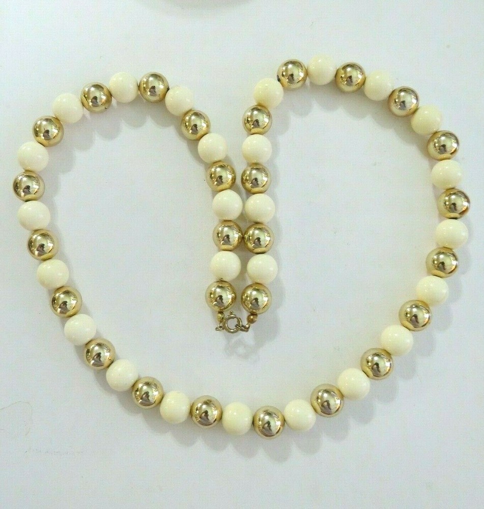 Vintage Gold and White Lucite Bead Necklace 10mm*26 in