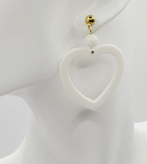White Heart Open Center Bead Drop Dangle w Ball Stud Gold Tone Vintage Earrings