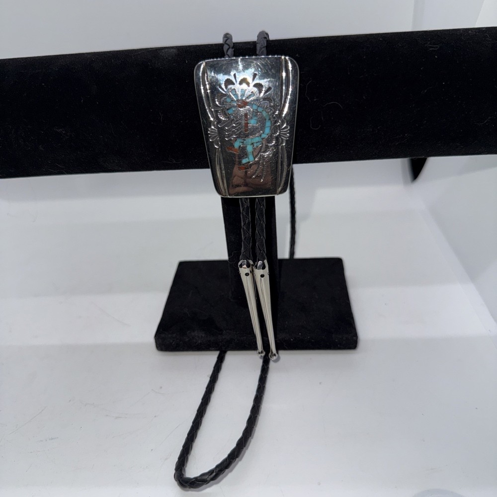 vintage turquoise coral chip inlay sterling silver Bolo Tie Kokopelli figure CH