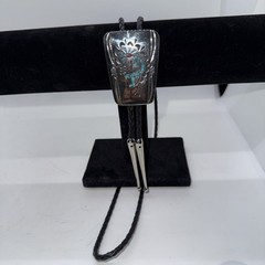 vintage turquoise coral chip inlay sterling silver Bolo Tie Kokopelli figure CH