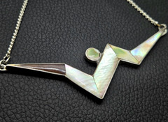 Silver Tone Art Deco Geometric Modernist Mother Of Pearl Inlay Chain Necklace