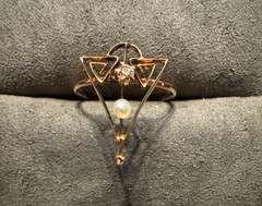 Victorian 14K Gold Triangular Framed Antique Cut Diamond and Seed Pearl Ring