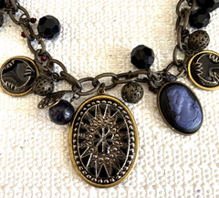 Vtg. Victorian Style Necklace Star Pendant Cameo Charms Black Glass Beads Brass