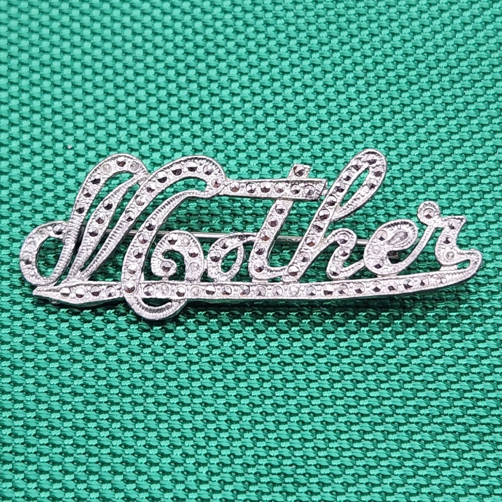 Vtg Marcasite Monogram Mother’s Day Brooch Mom Silver Tone Estate Pin Read