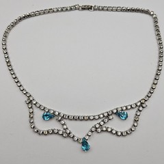 Vintage Silver Tone Blue Teardrop Rhinestone Bib Necklace 15 Inch Mid Century
