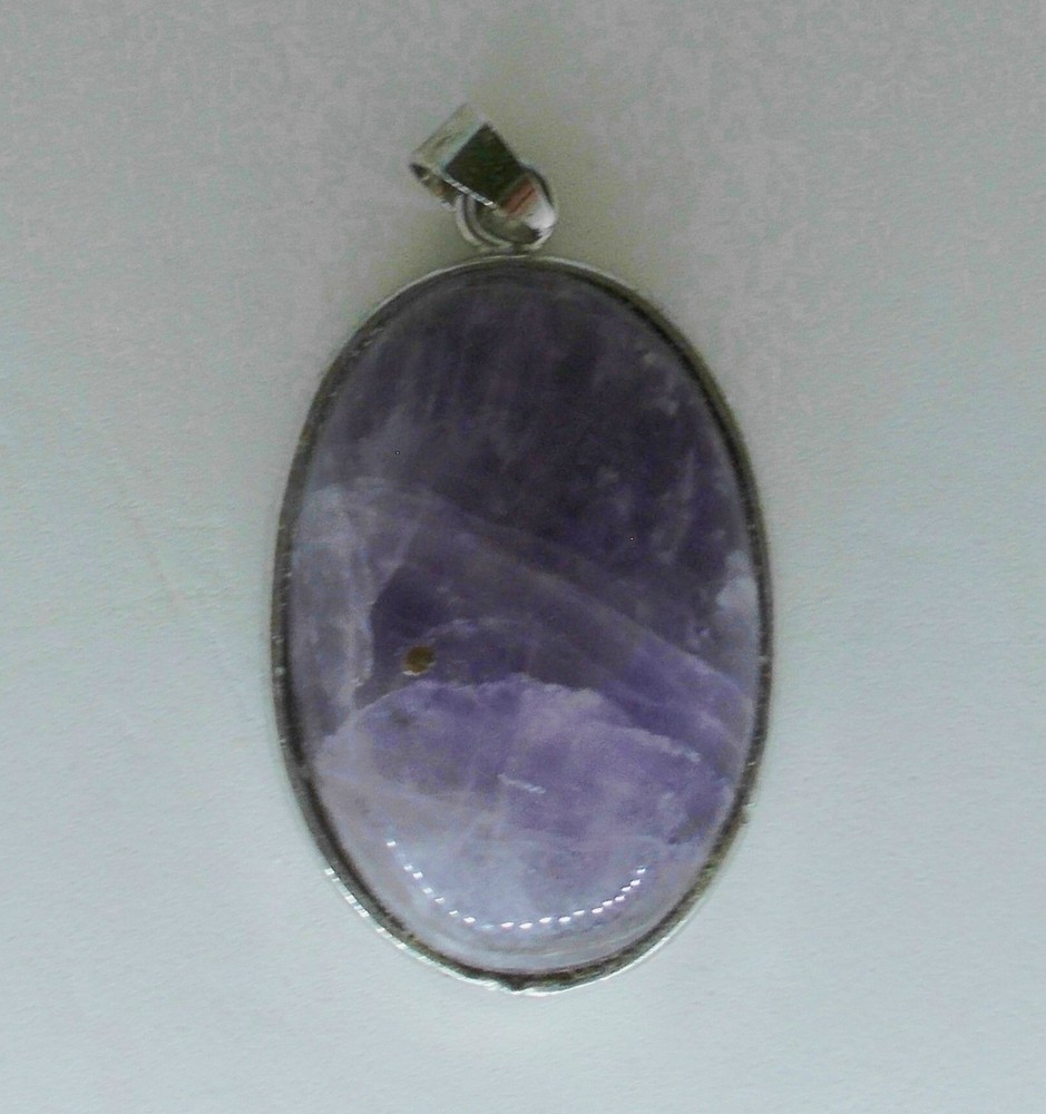 VTG~PURPLE PENDANT Oval Cabochon SUGILITE? MOSS AGATE? White Gold Plated 1.25″+