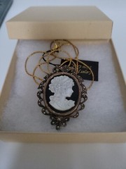 Vntg Cameo .925, marcasite, onyx, MOP pendant w/ new .925 goldplated chain.