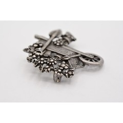 AJC Vintage Garden Pin Brooch Pewter Tone Cart Floral Signed NOS 1980s BinA9
