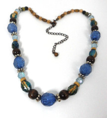 Vintage Beaded Necklace Boho Chic Bohemian Wood Barrel Beads Acrylic Metal