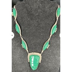 Vintage Mexican Sterling Silver Chrysoprase Mask Necklace 20” 61g