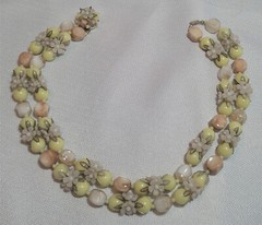 Vintage Beaded Yellow, Peach & Creme Double Strand Floral Lucite Necklace 17in