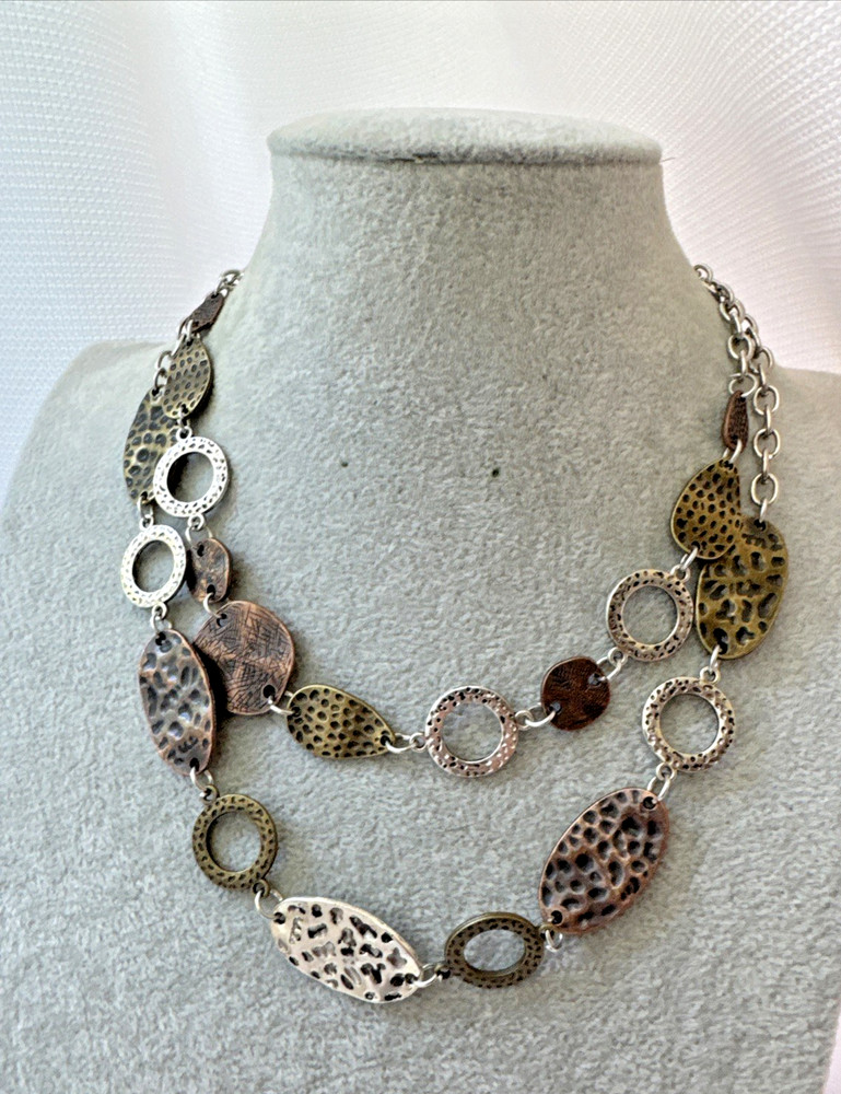 Vtg CHUNKY 90s 80s multitone Brutalist Textured Metal Modernist Necklace Unique