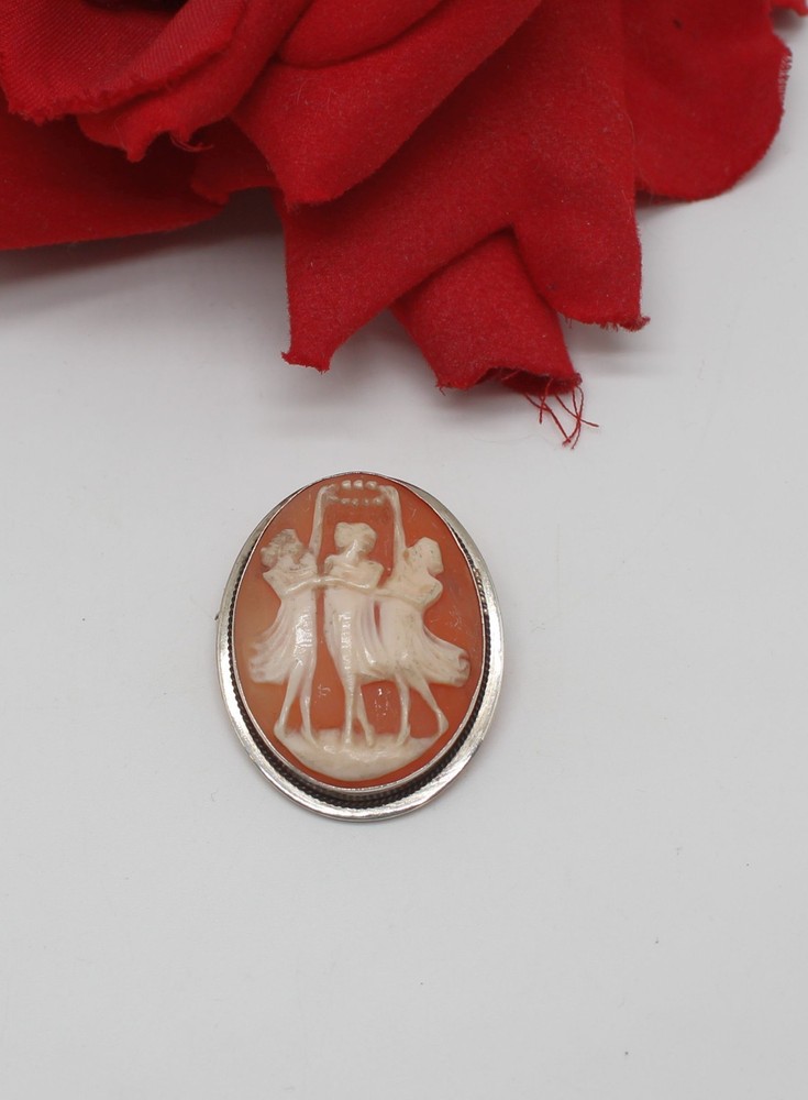 Vintage 800 Silver 3 Graces Cameo Pin Brooch CAT RESCUE