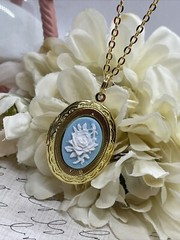 Blue White Easter Spring Wedding ROSE Cameo Locket Pendant Necklace Woman Gold