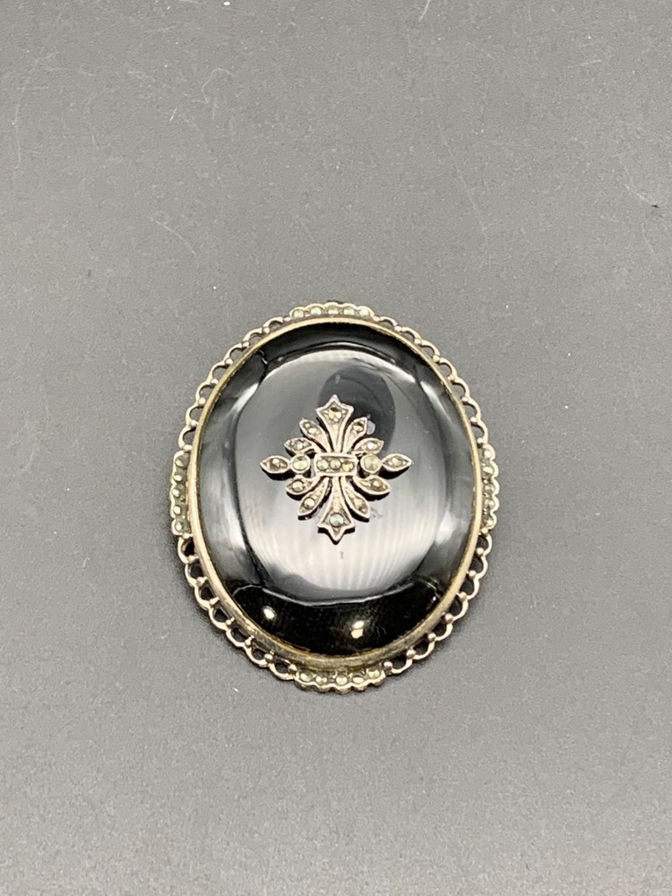 Vintage Onyx Gemstone 925 Sterling Brooch/Pendant (684)