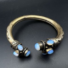 Vintage Brass Open Bangle Cuff Bracelet Blue Opalite Cabochons Boho Tribal