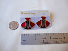 VINTAGE SAMUEL HUANG DESIGNER CLOISONNE RETRO MOD FAN RED BLACK SILVER EARRINGS