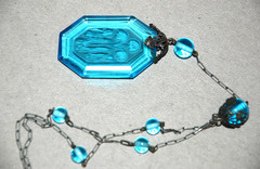 Art Deco Czech Pendant Necklace Floral Intaglio Carved Etched Blue Camphor Glass