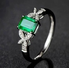 Art Deco Style Emerald & Lab Created Diamond 14K White Gold FN Party Wear Ring