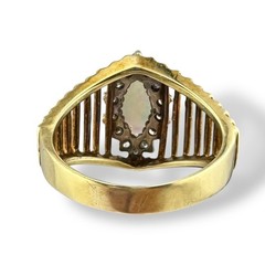 Vintage circa 1970s 14k Yellow Gold Marquise Opal Ring with Diamond Halo