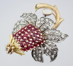 AMAZING Vintage Mid Century Portuguese 19K Ruby Diamond Strawberry Pendant Pin