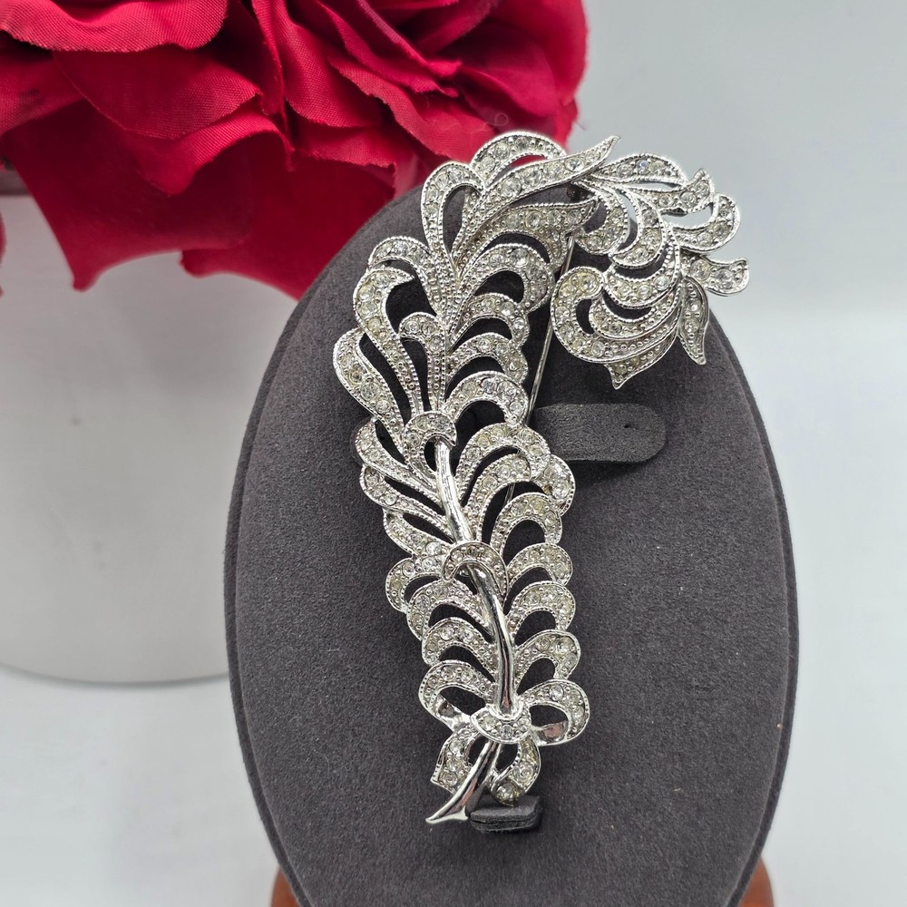 Vintage Feather Brooch Rhinestone Silver Tone Art Deco Style Pin Jewelry Stement