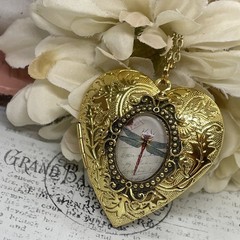 Gold Heart Locket Glass Birthday Anniversary Wedding Dragonfly Cameo Necklace