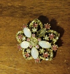 Vintage 1960s Pink Rhinestone Faux Pearl Flower Brooch Gold Tone Costume Jewelry