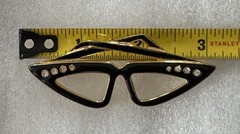 Vtg 3” Brooch Cat Eye Glasses Black Gold Enamel Rhinestone Pin Rockabilly Retro
