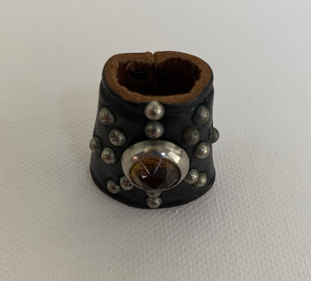 Vintage Leather and Silver Beaded Scarf Slider with Amber Stone