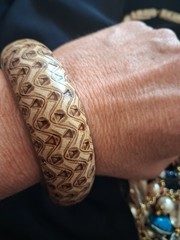 Vintage Brass And Punched Leather Bangle Bracelet 7.5-8.5″