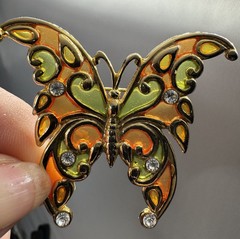 R. Steinmertz SFJ Butterfly Brooch Lapel Pin Goldtone Stained Glass 1970’s