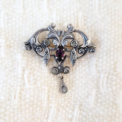 Antique Art Nouveau Silvertone Brooch Pin Purple Rhinestone Trombone Clasp 1900s
