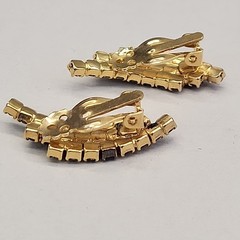 Vintage Rhinestone Clip On Earrings Purple Clear Climber Gold Tone 1 3/8″